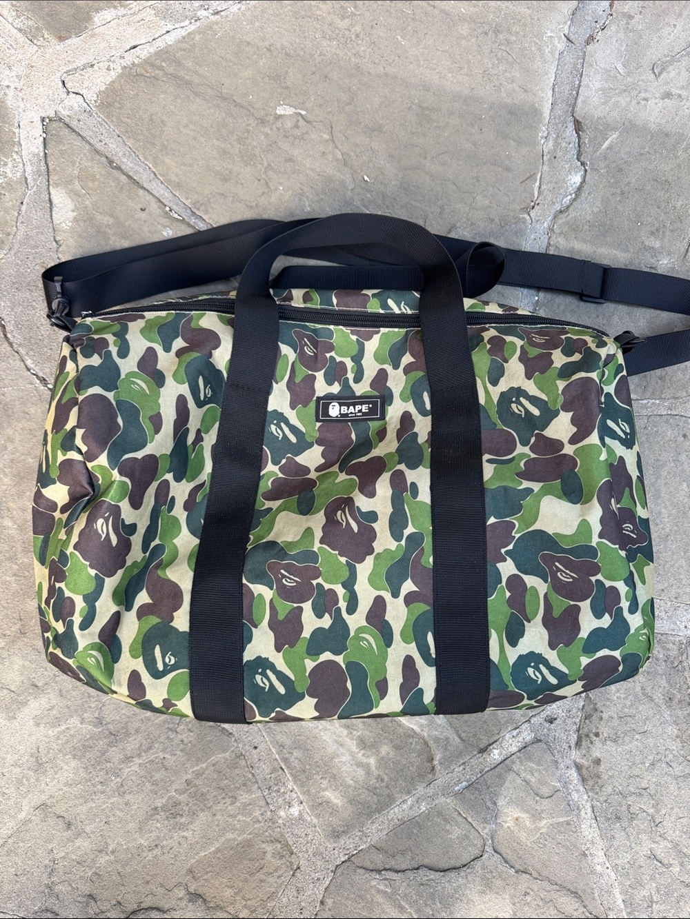 Bape Green Brown Camo Duffel Bag with Black Straps